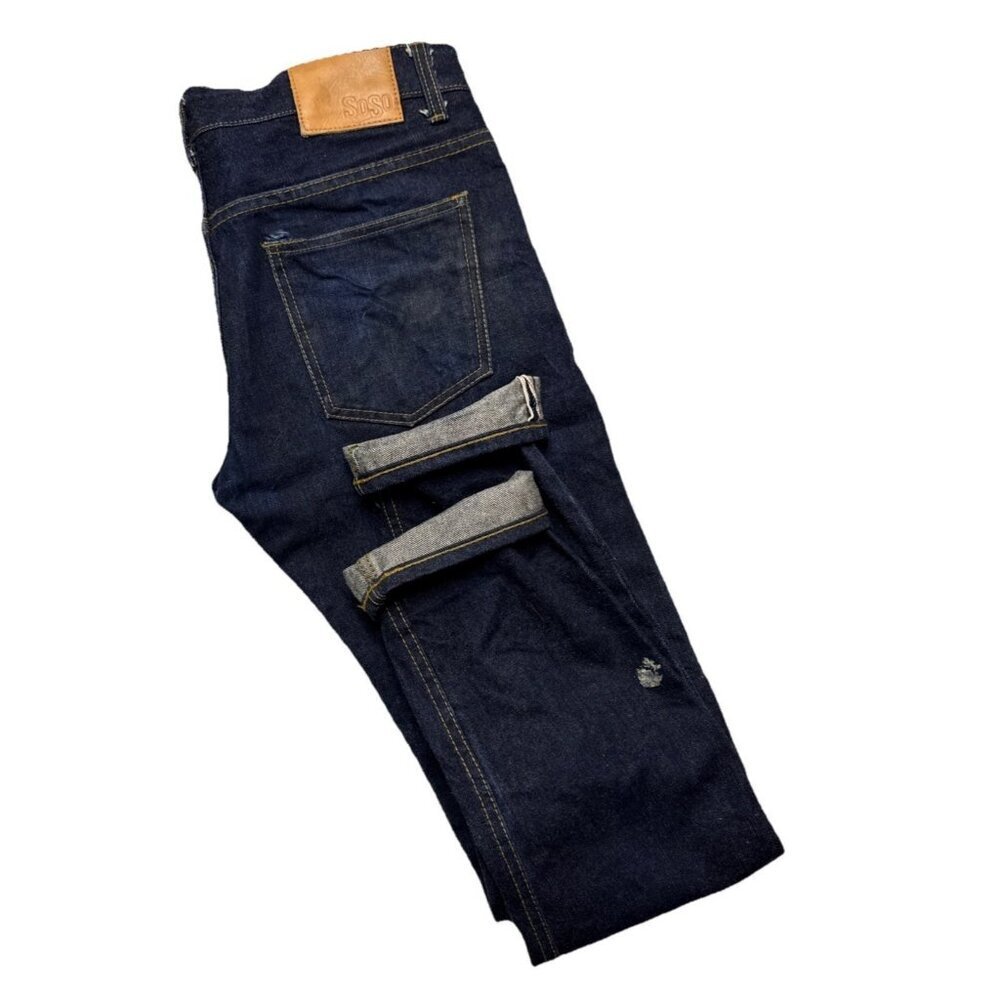 SoSo Selvage Mens 34X32  Dark Blue Denim Jeans‎ Button Fly Skinny Leg Japan